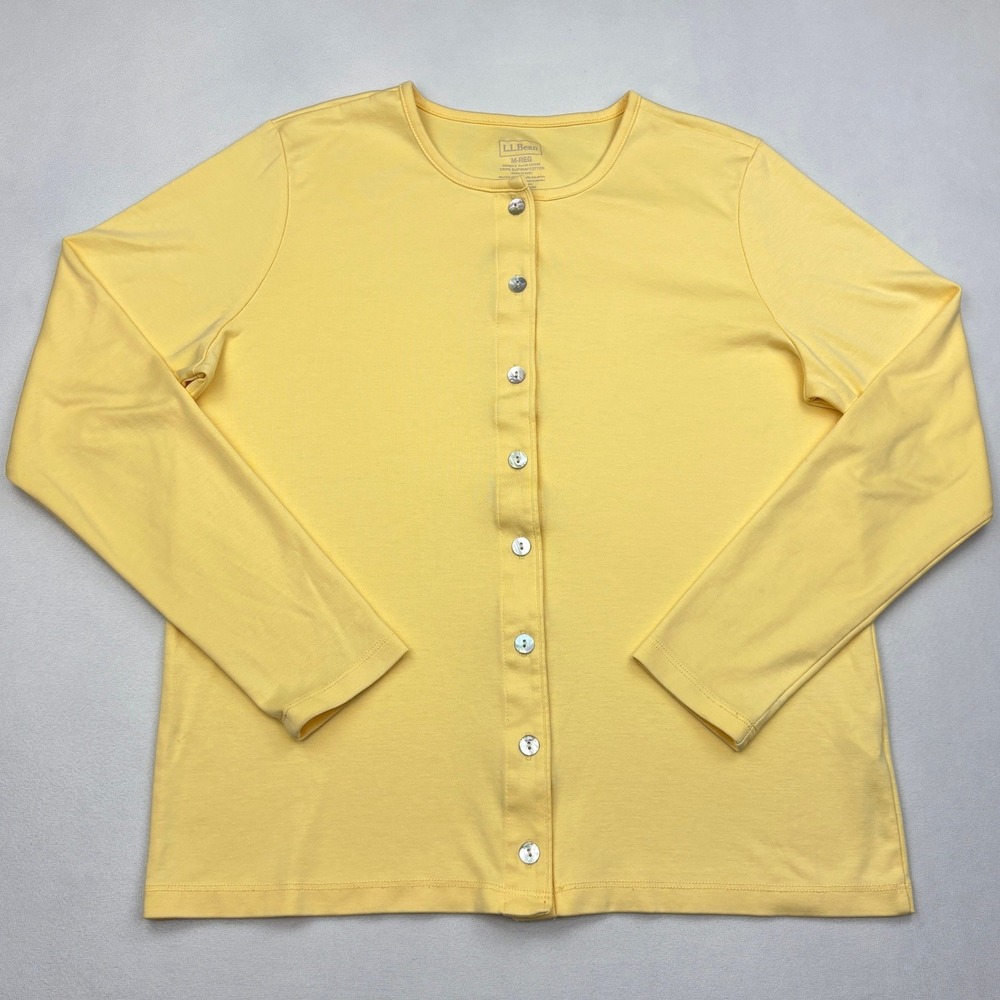 LL Bean Supima Cotton Cardigan Sweater Womens Medium Yellow Button Front Crew M